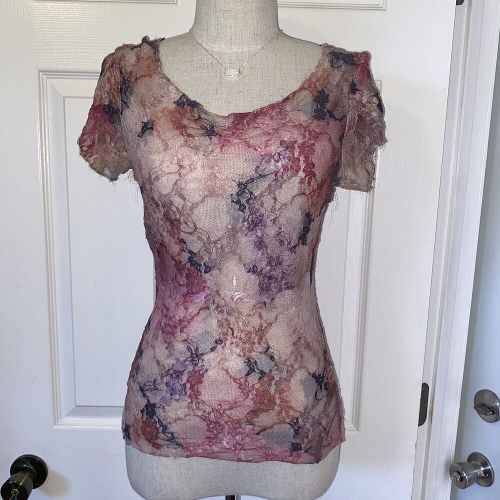 Y2K Floral Mesh Lace Top Short Sleeve Sheer Fairy Grunge Coquette Medium